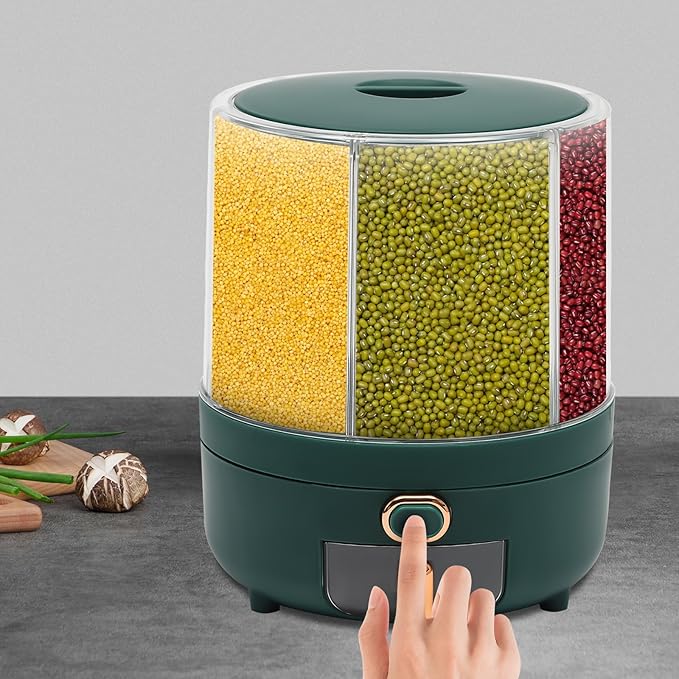 Cereal Dispenser Countertop 360° Rotating Grain Storage Container 13.2-27.56 Lbs Rice Dispenser 6 Grids Dry Food Dispenser Candy Dispensers for Grains, Beans, Rice (Green+Clear, 14.33Lbs)