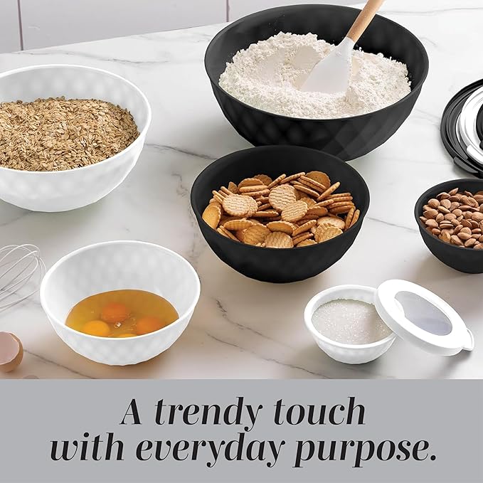 COOK WITH COLOR Mixing Bowls with Lids - 12 Piece Plastic Nesting Bowls Set includes 6 Prep Bowls and 6 Lids, Microwave Safe Mixing Bowl Set, Black and White Diamond