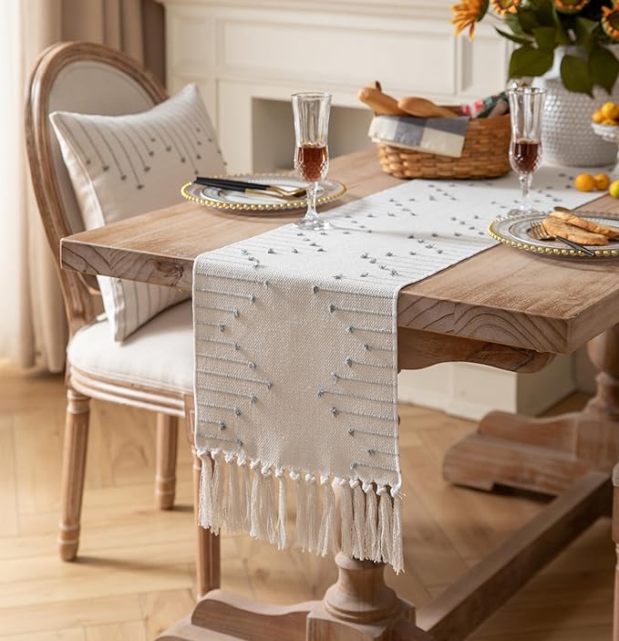 Boho Table Runner 13 x 72 Inch Long Natural Cotton Woven Runner with Tassels for Home Dining Table décor, for Modern Farmhouse Decor Coffee Table Runner, Grey and Beige
