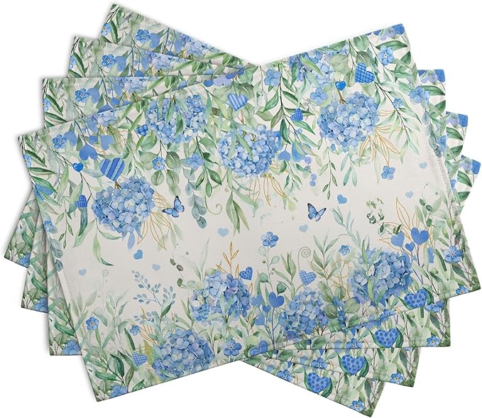 Hydrangea Spring Summer Placemats Set of 4 Sage Green Eucalyptus Leaves Blue Floral Butterfly Placemat 12x18 Inch Seasonal Holiday Table Place Mats for Farmhouse Kitchen Dining Decor