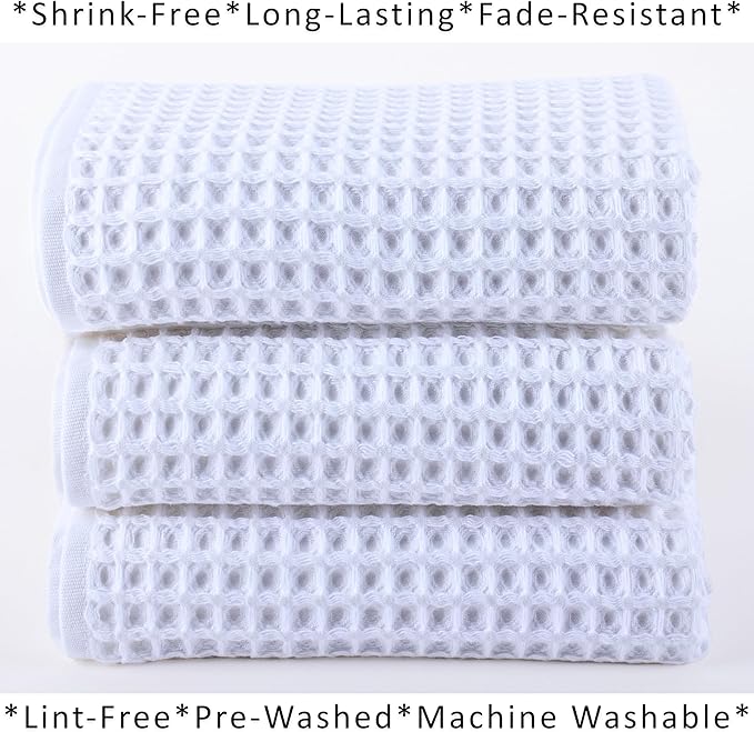 PÜSKÜL Natural 100% Turkish Cotton Waffle Kitchen Towels Set of 3 | Oeko-Tex, Premium Waffle Hand Towels for Bathroom | Soft Absorbent Quick-Dry Lint-Free Dish Towel Large 32x16 inch (3, White)