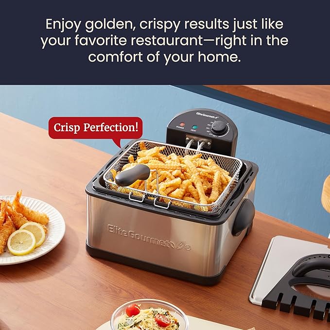 Elite Gourmet EDF475 Electric Deep Fryer 4.2 Quart Oil Capacity with Temperature Knob, 1 x 4Qt Basket, Powerful 1700 Watts, Lid with Anti-Odor Filter & Viewing Window, Stainless Steel