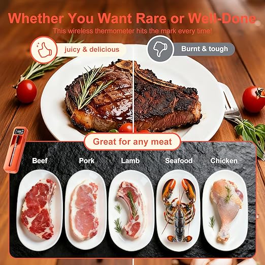 Smart Wireless Digital Meat Thermometer with Ceramic Probe, Food Thermometer Standalone Display Base 3000FT Range Real-time Monitoring ±0.5°F Accuracy,for BBQ/Oven/Grill/Smoker/Air Fryer