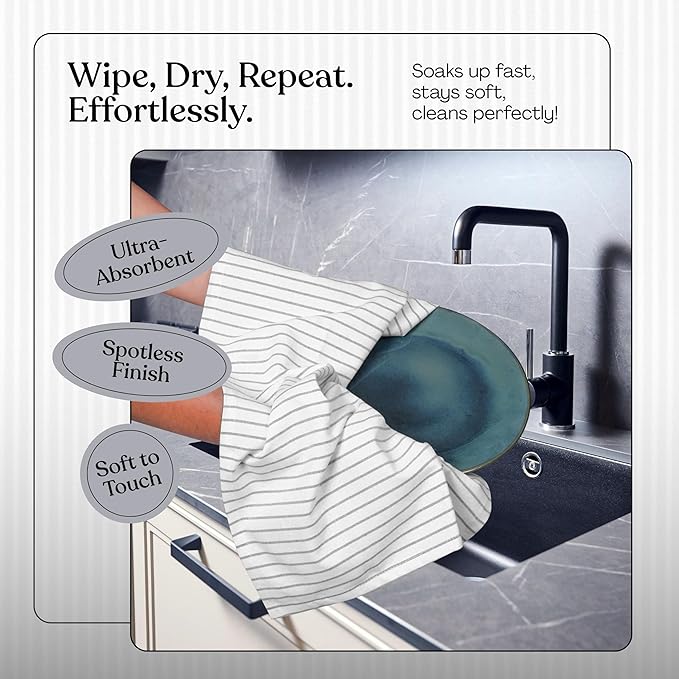 Ash Gray Classic Striped Dish Towels 3 Pack, Ultra Absorbent, Classic Stripe Towel Set, Quick Dry Cotton Kitchen Towels for Cleaning Counters, Drying Dishes, Everyday Cleanup