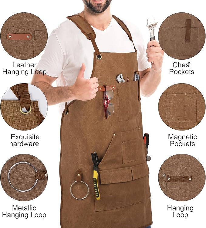 Men's Canvas Tool Apron, Heavy Duty Multi-Pocket Work Apron for Woodworking Gardening Bartender Adjustable Straps