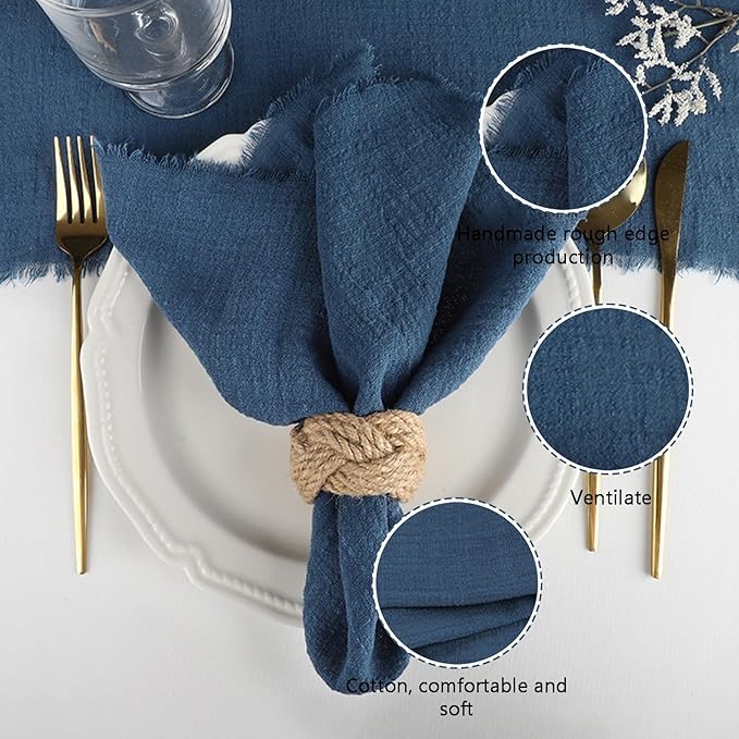 Cotton Blend Fringe Cloth Napkins - Crinkle Gauze Dinner Napkins, Reusable & Washable Table Napkins, 17" x 17" (43 x 43 cm), Multiple Colors, 12/24/48/100 Pack (24, Denim Blue)