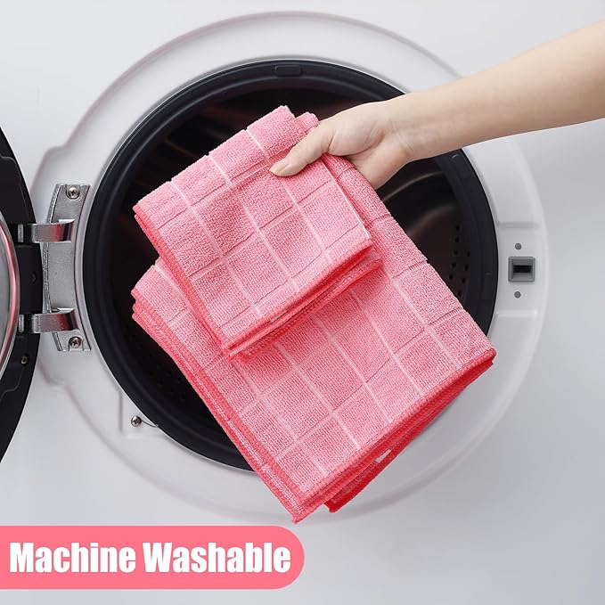 Homaxy Microfiber Kitchen Towels and Dishcloths Set, 12 Pack Soft and Absorbent Dish Hand Towels Bulk, 28 x 16 Inch & 12 x 12 Inch Quick Drying Rags for Washing Dishes, Pink