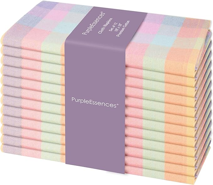 PurpleEssences Buffalo Plaid Cloth Napkins - Mitered Corners - Spring Easter Summer - Gingham Check Dinner Napkin - Set of 12-100% Cotton - 18x18 Inch - Reusable Washable - Multicolor