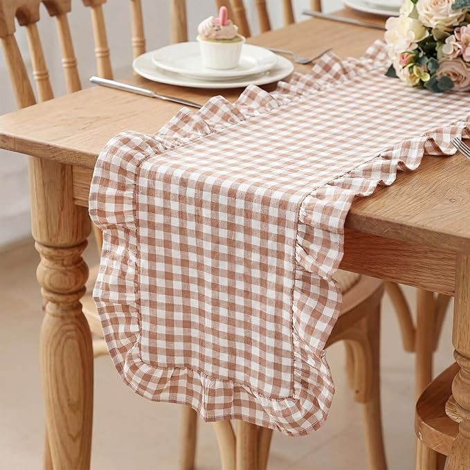 HunnmingRe 1 Pcs Brown Plaid Gingham Ruffle Table Runner 118 x 13.8'' Farmhouse Table Runner 100% Cotton Scalloped Long Dresser Scarves for Dining Room, Wedding, Kitchen Rustic Home Decor