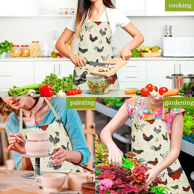 RosieLily Rooster Apron Cute Chicken Apron for Women Beige with Pockets for Cooking Baking Gardening Gifts
