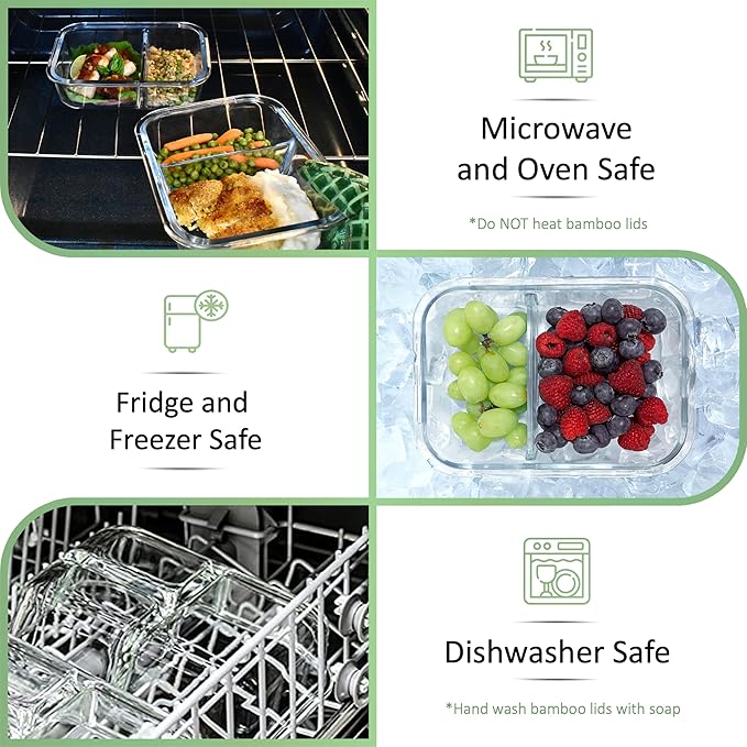 EcoPreps Glass Meal Prep Containers with Bamboo Lids, 2 Compartment Glass Bento Box Container Set (3 Pack) | 100% Plastic Free, Eco-Friendly, Lunch Containers with Lids Made of Bamboo - Set of 3