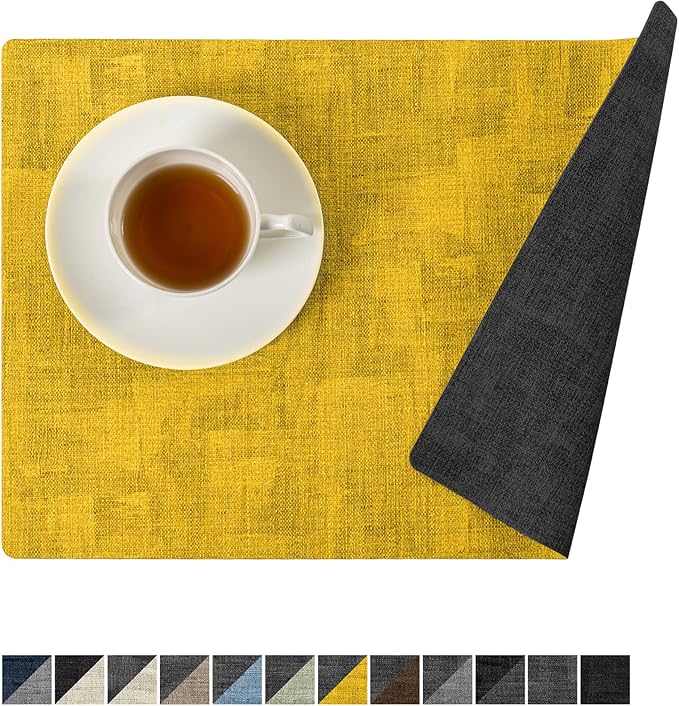 Romanstile Vinyl Placemats Set of 8-12x17 Inch, Reversible Waterproof Washable Non Slip Table Mats, Faux Leather Heat Resistant Wipeable Table Placemats for Dining/Party/Indoor/Outdoor, Grey-Yellow