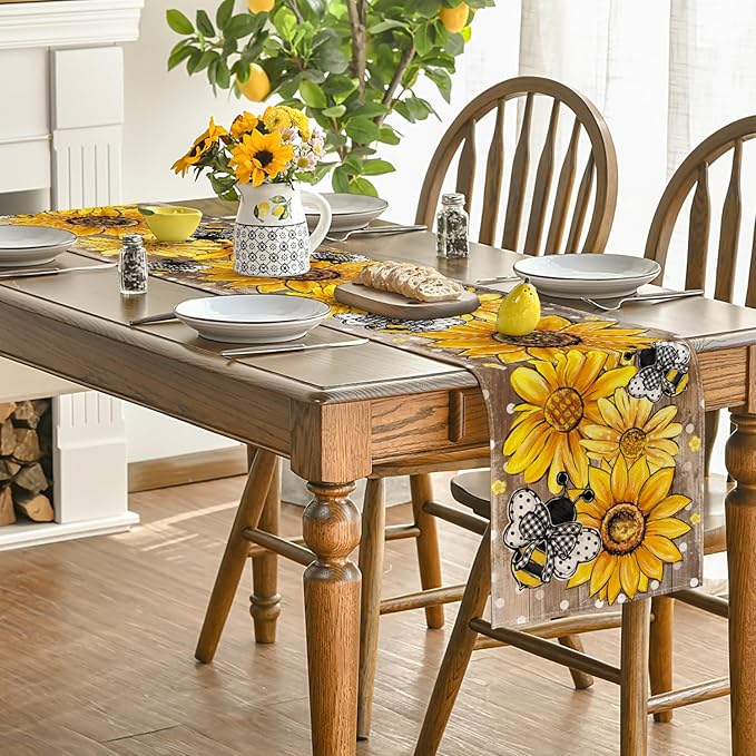 Artoid Mode Wood Sunflower Bee Flower Polka Dot Summer Table Runner, Seasonal Kitchen Dining Table Decoration for Indoor Party Home 13x72 Inch