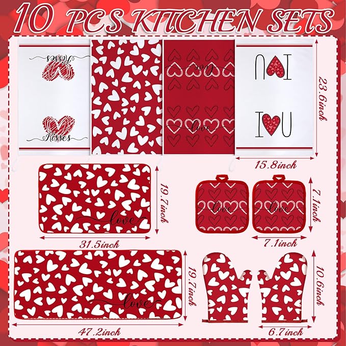VitalCozy 10 Pcs Valentine's Day Kitchen Decor Set Heart Kitchen Towels and Rugs Oven Mitts and Pot Holders Set Absorbent Tea Hand Towels for Chef Baking Cooking Grilling BBQ Gift