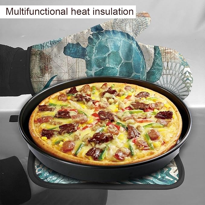 Blue Sea Turtle Oven Mitts & Pot Holders Sets Holiday Kitchen Decor Nautical Map Area Heat Resistant Non-Slip Potholders Set for Cooking Baking BBQ