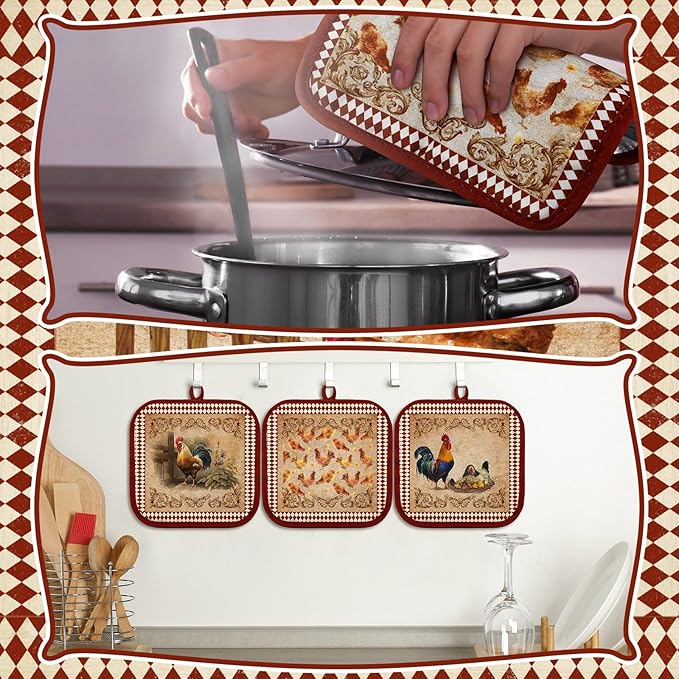 Bencailor 12 Pcs Pot Holders with Pocket Kitchen Hot Potholders Hot Pad Oven Mitts Cookie Bag Oven Gloves for Kitchen Gift Baking Cooking(Brown and Red,Rooster)