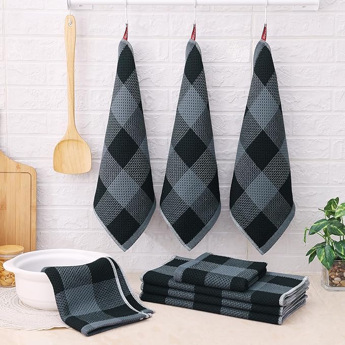 Homaxy Kitchen Towels and Dishcloths Set, 12 x 12 and 13 x 28 Inches, Set of 8 100% Cotton Waffle Weave Check Plaid Kitchen Dish Towels, Super Soft and Absorbent Dish Cloths, Black & Grey
