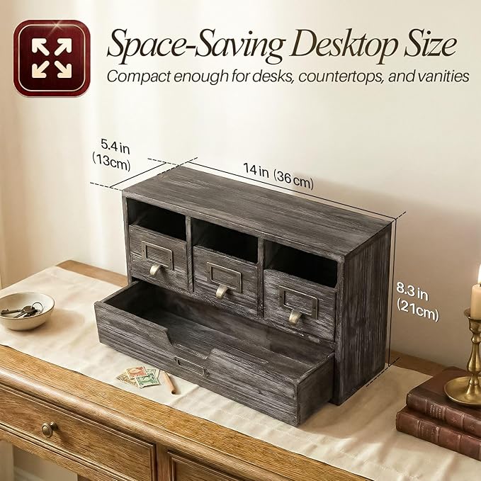 Flexzion Apothecary Cabinet with 4 Drawers - Vintage Rustic Wood Desktop Organizer for Home & Office Supplies - Tabletop Wooden Storage for Catalog, Card, Jewelry, Makeup, Craft & Tools