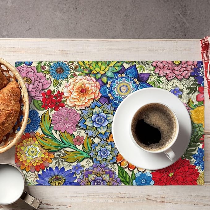Boho Floral Linen Placemats Set of 4, 12x18 Inch Colorful Bohemian Flower Table Mats, Washable Non-Slip Heat Resistant Dining Mats for Kitchen Home Party Farmhouse, Spring Easter Festival Home Decor