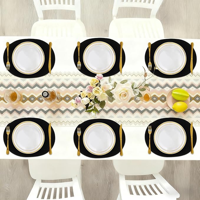 Oval Woven Placemats Set of 6, Boho Cotton Rope Braided Table Mats, 17x13 Inches Non Slip Heat Resistant Place Mats for Dining Room, Thick Hot Pads for Farmhouse Kitchen Table Decor. (Black)
