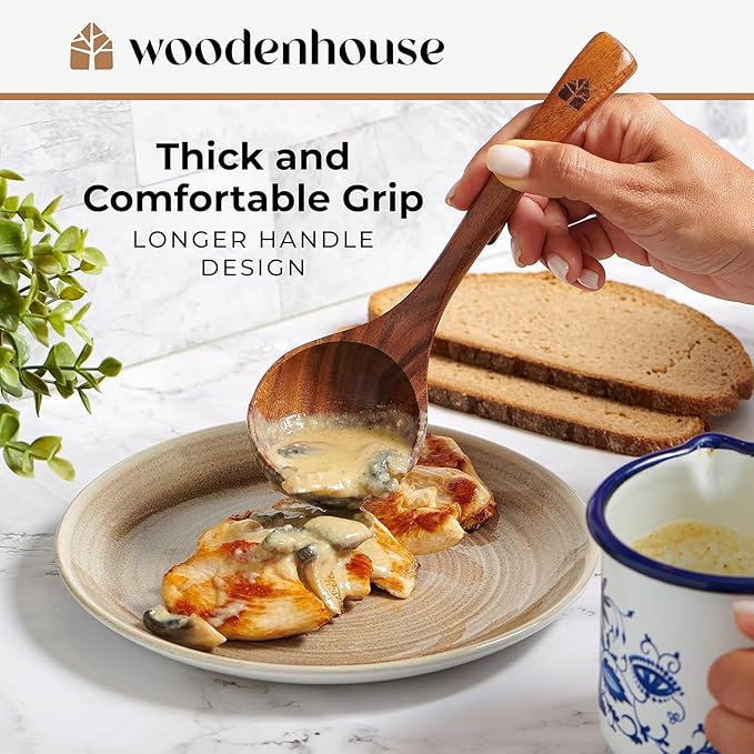 Wooden Ladle for Soup, 3 Size Teak Wood Ladle Spoon with Back Hooks for Pot & Bowl, Non-Stick Wooden Spoon Set for Cooking, Serving and Stirring