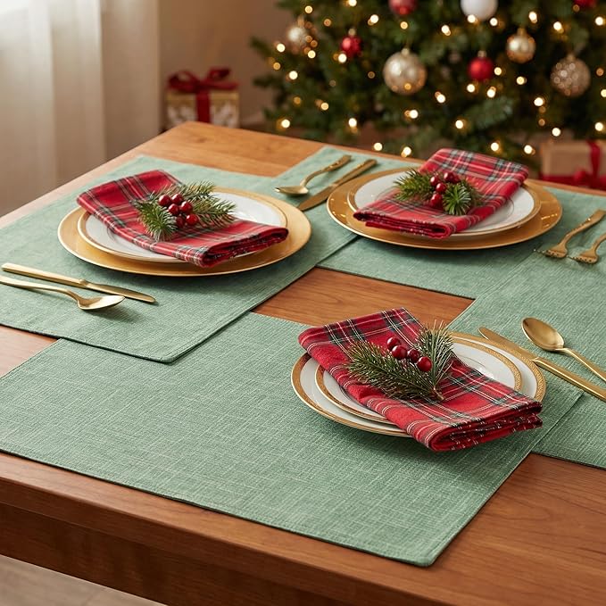 Kevin Textile Spring Easter Day Burlap Linen Placemats Set of 4 Heat Resistant Dining Table Place Mats Washable Kitchen Table Mats, 13 x19 inches, Sage Green