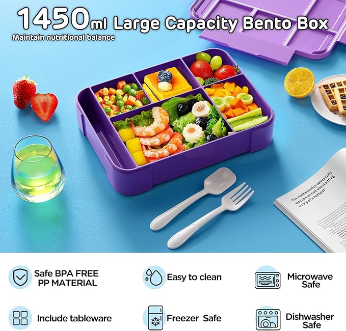 Jelife Lunch Box Kids Bento Box - 1450ml Large Leakproof 6 Compartments Kids Lunchbox Toddler Bento Box with Utensils for Back to School,Book-Style Reusable Lunch Snack Containers for Daycare