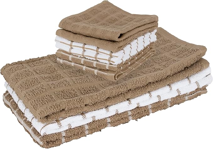 Ritz Premium 3-Pack Kitchen Towel & 6-Pack Dish Cloth Set - Highly Absorbent, Super Soft, Long-Lasting, 100% Cotton Terry Drying Cleaning Cloths, Mocha