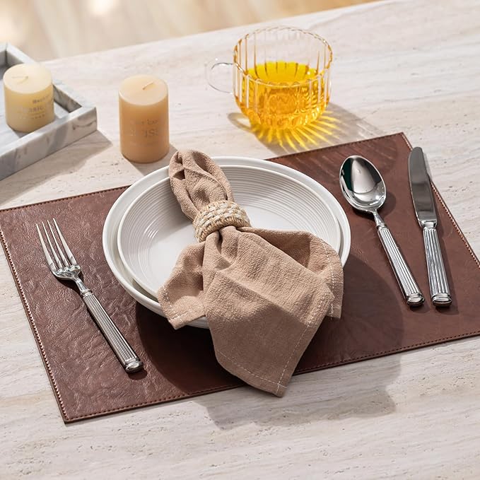 Faux Leather Placemats Set of 12 Vinyl Washable Wipeable Table Mats for Kitchen Dining Table Heat Resistant Waterproof Indoor/Outdoor Placemats Non-Slip Easy Clean Place Mats (Reddish Brown)