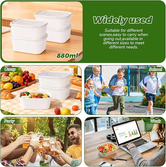 DI QIU REN 50-Pack 29oz Disposable Meal Prep Containers with Lids & Forks, Kraft Paper Bowls To Go Take Out Food Containers with Lids, Microwave & Freezer Safe (White Kraft Paper, 29oz 50 Count)