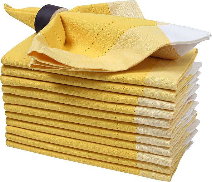 Bedding Craft Cotton Cloth Napkins Set of 12 – 20x20 Yellow Multi Double Hemstitched – Machine Washable Fabric Dinner Napkins for Weddings, Parties & Table Settings