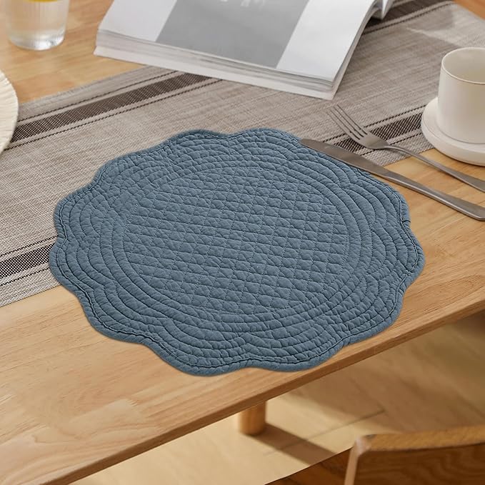 HOMBYS Quilted Placemats Set of 6 Washable Round Placemats for Kitchen Table-100% Cotton Fabric 14 Inch Round Table Mats, Cotton Fabric with Microfiber Filling, (14"x14", Blue)