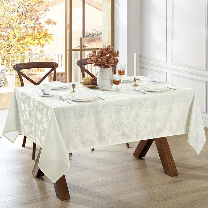Elrene Home Fashions Elegant Woven Leaves Jacquard Damask Wrinkle Resistant Tablecloth, 60" x 144", Oblong, Ivory