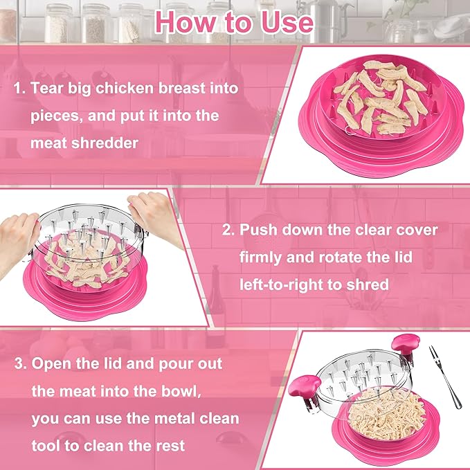 SURETIVIAN Chicken Shredder Large Chicken Breast Shredder Tool Twist with Brush&Fork, Visible Meat Shredder Machine, Anti-Slip Strip, Ergonomic Handle, BPA Free, Pork Beef Chicken(Hot Pink)
