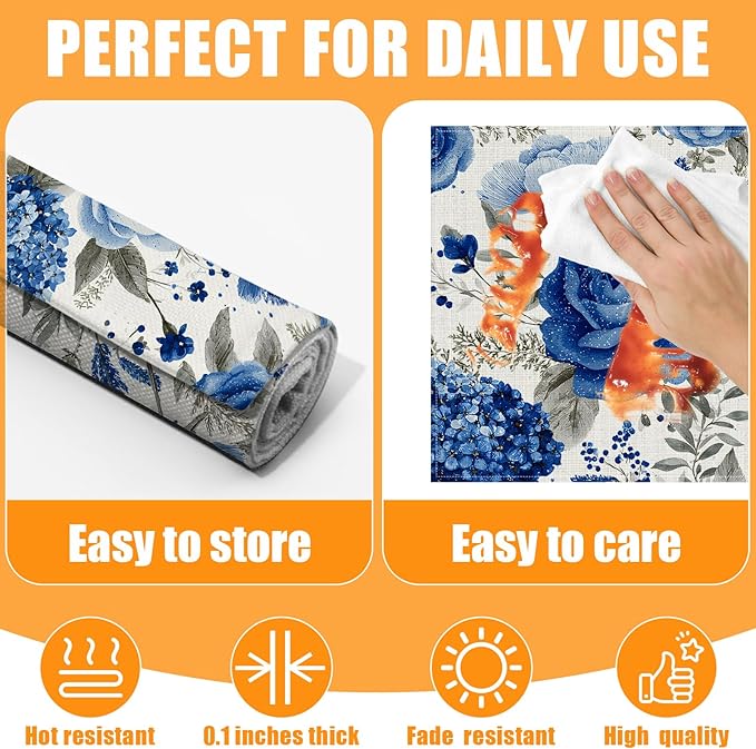 Blue Flowers Placemats Set of 6,12 x 18 Inch Table Mats Washable Heat Resistant Linen Fabric Rectangle Place Mat for Party Home Kitchen Dining