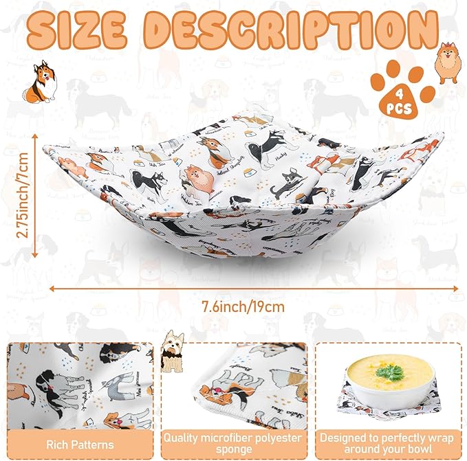 CHENGU 4 Pcs Dog Style Microwave Bowl Cozy Holders for Hot Food Hot Pad Soup Bowl Potholder Heat Resistant Multipurpose Quilted Safe Holder for Kitchen Plate Supply Blue, Orange, Yellow, Gray