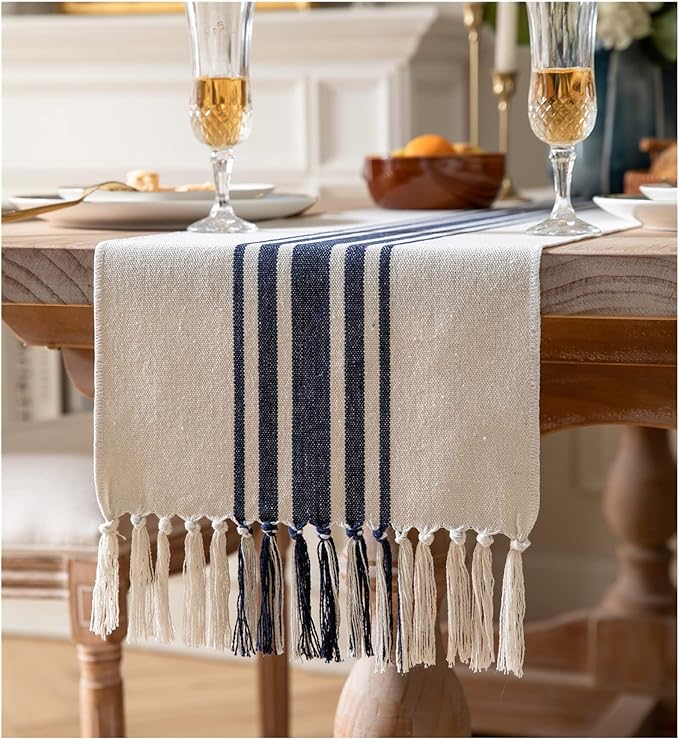 Boho Table Runner for Modern Farmhouse Decor, Dining Table décor 13 x 108 Inch Long, Coffee Table Runner with Handcrafted Tassels, Navy and Beige, for Home Bohemian Decoration