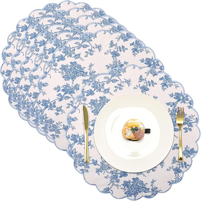 Set of 6 Round Placemats 15 Inch Cotton Scalloped Embroidery Placemat Washable Double Layered Rustic Dinner Table Mat Decor Fabric for Hotel Restaurant Kitchen(Floral/Blue,Classic)