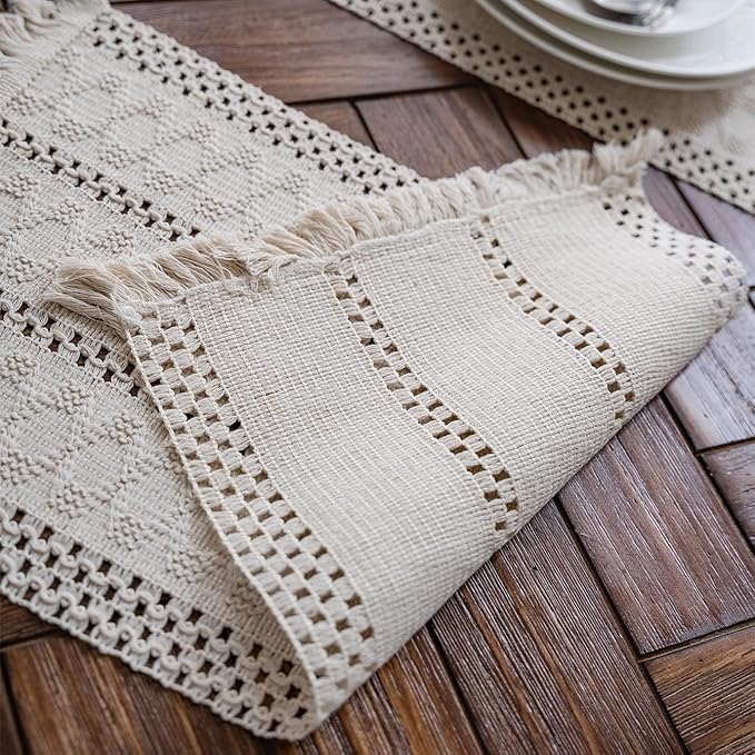 Alynsehom Macrame Table Runner Cream Beige Boho Table Runners with Tassels Hand Woven Cotton Table Runner Rustic Farmhouse Table Runners for Bohemian Kitchen Dining Table(12x60in)
