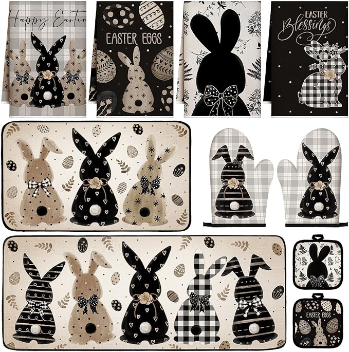VitalCozy 10 Pcs Easter Kitchen Decor Set Oven Mitts and Pot Holders Rabbit Kitchen Towels Bunny Rugs and Mats for Chef Baking Cooking Grilling BBQ Gift