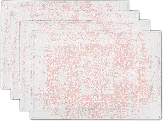aportt Gray Pink Boho Placemats Set of 4 Ethnic Bohemian Carpet Place Mats Washable Kitchen Dining Vintage Grey Geography Floral Linen Table Mats Stain Heat-Resistant for Home Party Indoor 12x18 in