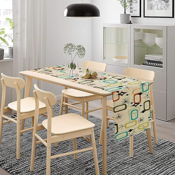 Mid Century Table RunnerRetro Atomic Boho Abstract Geometric Art Printed Dinner Runner for Home Kitchen Dining Table Decor Fabric 1 Panel W13xL36in