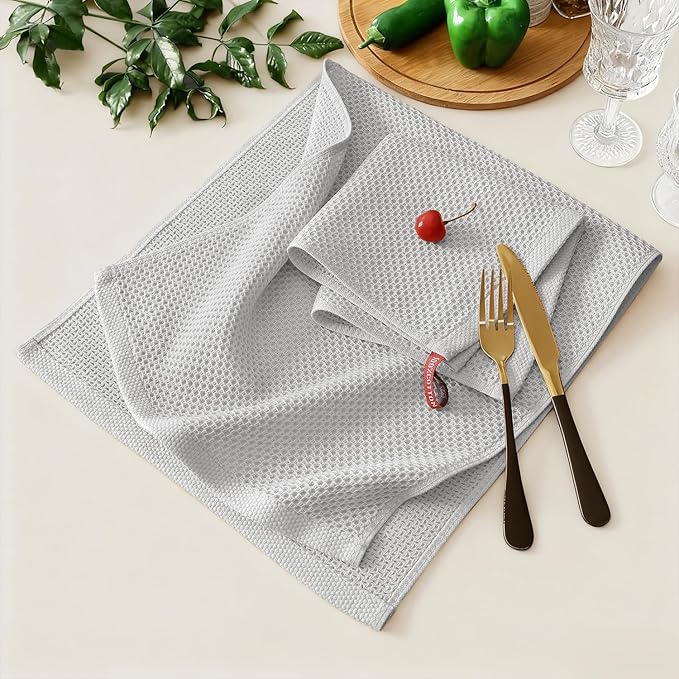 Kitinjoy 100% Cotton Kitchen Towels and Dishcloths Set, 12 Pack-13" x 28" and 12" x 12" Waffle Weave Dish Towels, Ultra Soft Absorbent Quick Drying Dish Rags, Light Grey