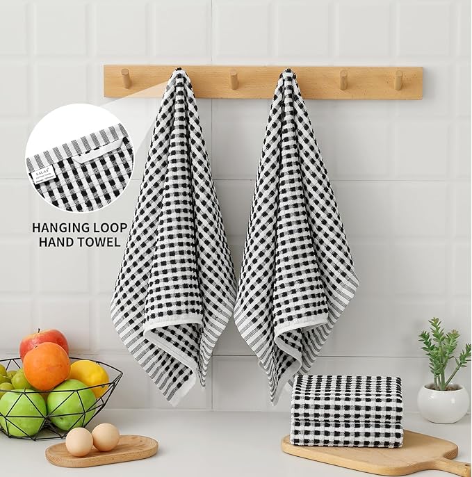 SALAS Cotton Dish Towels for Kitchen Drying Dishes, Lattice Terry Kitchen Cloths with Hanging Loop, 16‘’ x 26‘’, 8 Packs, Black