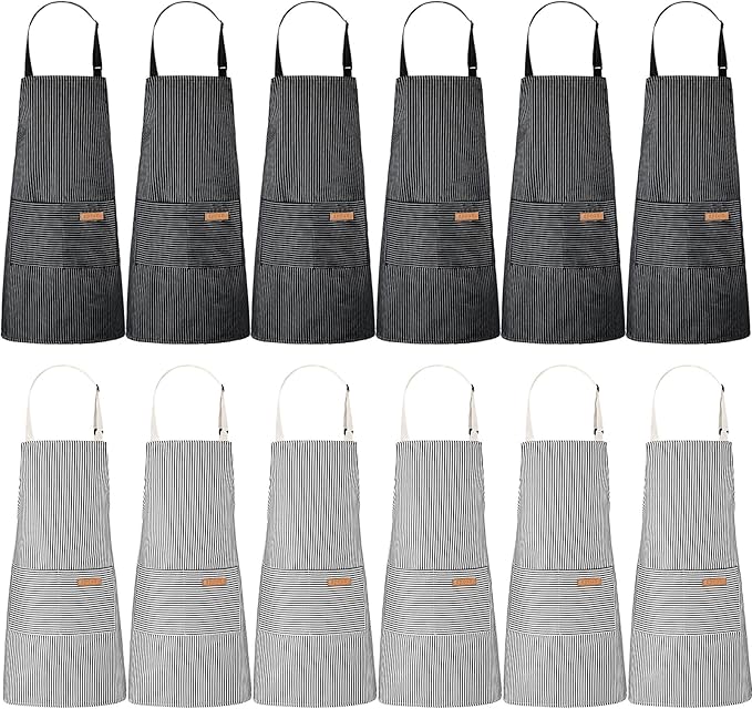 Handepo 12 Pcs Cotton Aprons for Women Men with Pockets Soft Adjustable Bib Stripe Aprons for Cooking Kitchen Chef