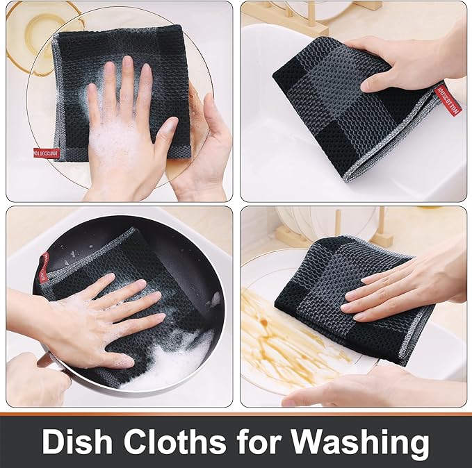 Mordimy 100% Cotton Waffle Weave Plaid Dish Cloths, 12 x 12 Inches, Super Soft and Absorbent Quick Drying Buffalo Check Dish Rags for Kitchen, 8-Pack, Black & Grey