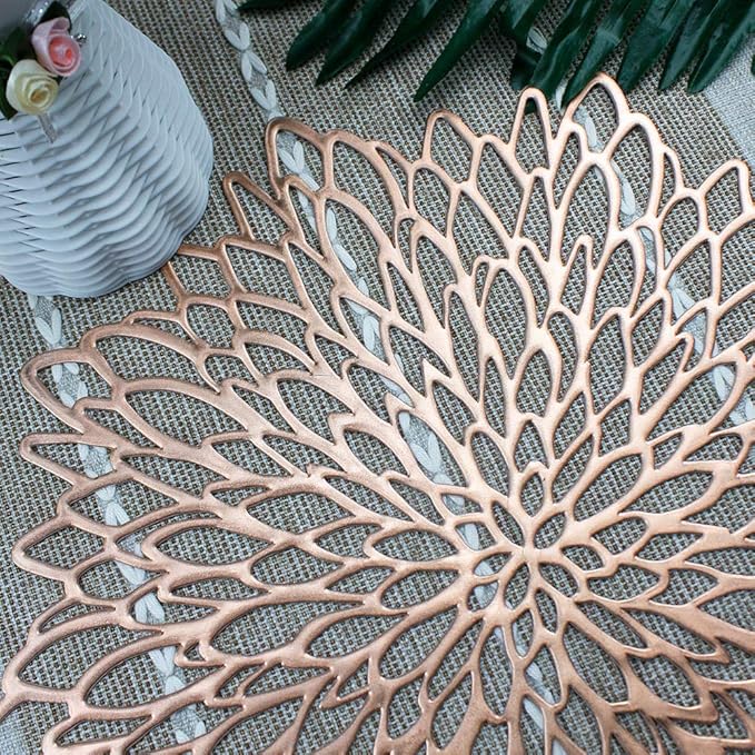 Rose Gold Round Placemats for Dinner Table Set of 6 Hollow-Out Vinyl Place Mats for Kitchen Decor Wedding Accent Centerpiece Table Mats