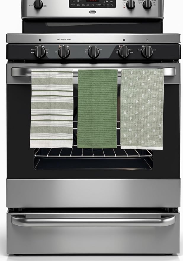 Sage Green White Kitchen Hand Dish Towels: Oversized 28" x 16",100% Cotton Cloth Soft Cleaning Drying Absorbent Striped Solid Polka Dot Design, Set of 3 Multipurpose for Everyday Use (Green Austin)