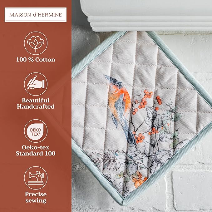 Maison d' Hermine Pot Holders Set 100% Cotton Heat Resistant Potholders 8" x 8" Hot Pads with Loop for Thanksgiving Christmas Decorations Baking Handling Hot Pans (Pack of 2, Whitish Shabby Chique)