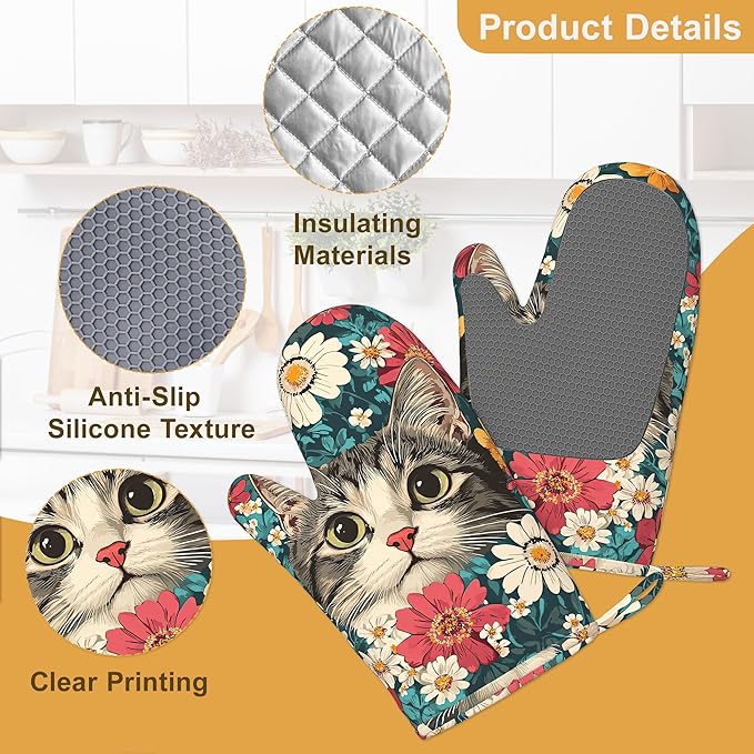 Cute Cat Oven Mitts and Pot Holders Set of 4,Blooming Colorful Flowers Kitchen Oven Glove Heat Resistant Oven Mitts with Non-Slip Silicone for Baking, Cooking, BBQ